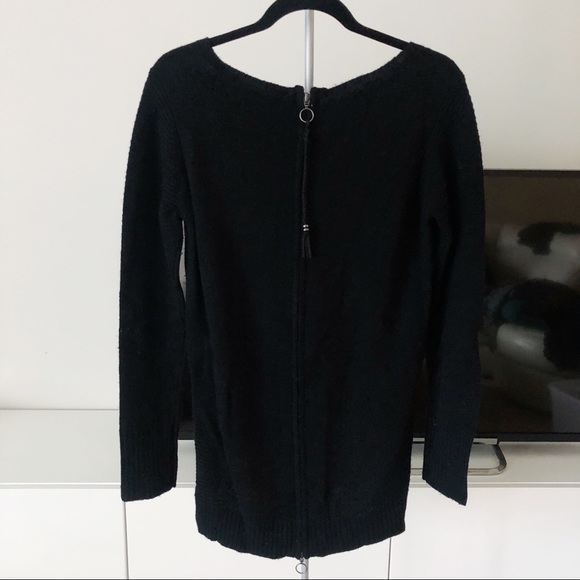 100% Merino Wool Black Asymmetrical High Low Round Zipper Zip Up Knit Sweater - Picture 2 of 2